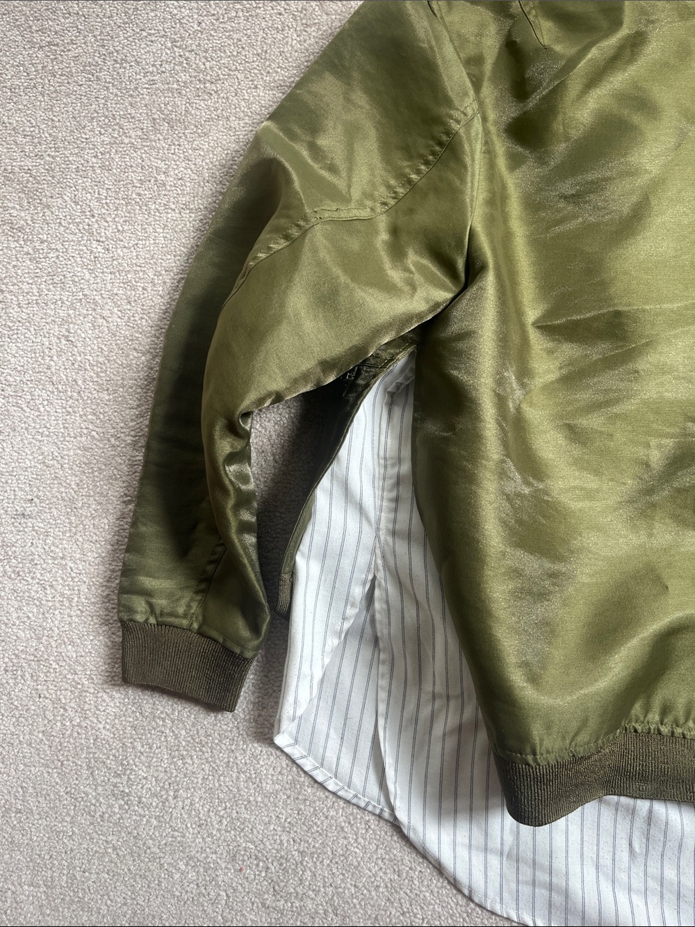 3.1 Phillip Lim Olive Satin Bomber Jacket+striped shirt lining - Picture 11 of 12